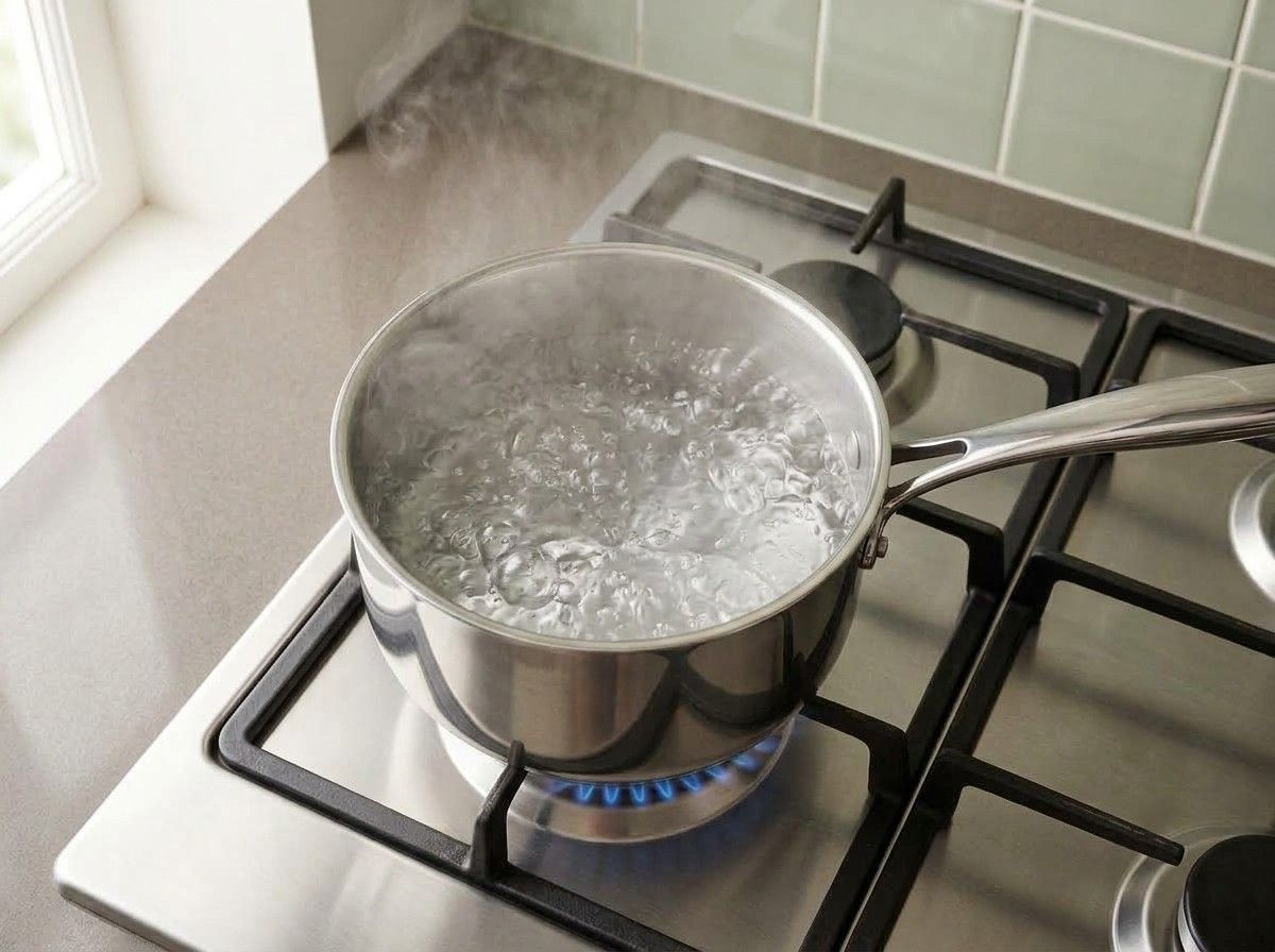 Water at a rolling boil in a stainless steel saucepan over a gas flame