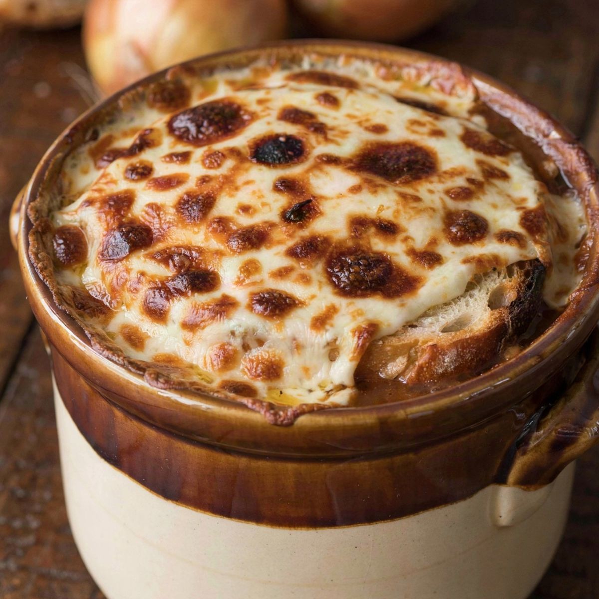 A crock of vegetarian French onion soup under a browned, blistered lid of melted cheese, with toasted sourdough showing beneath it and whole onions on the table behind
