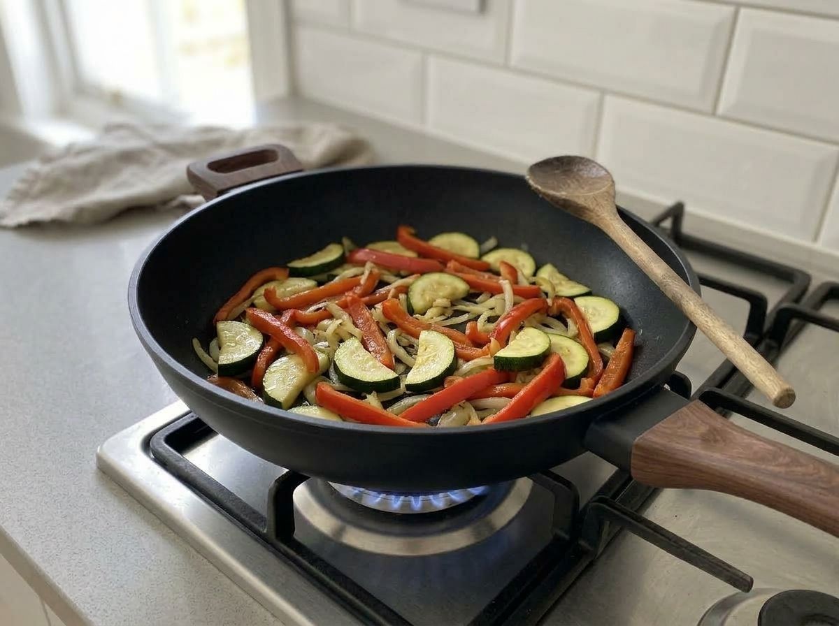 Red bell pepper strips and zucchini half-moons cooking in a single layer over the onion, lightly browned and still holding their shape