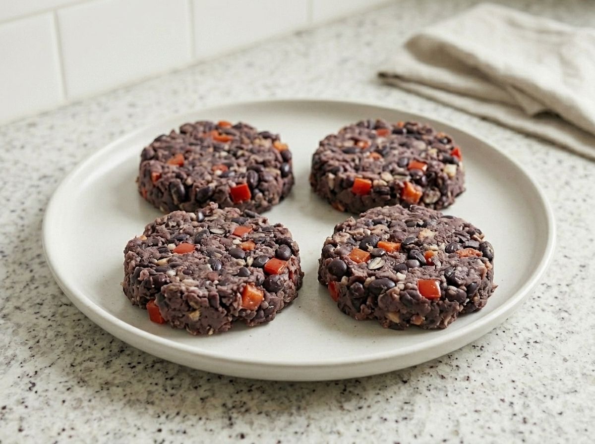 Four raw black bean patties shaped thick and craggy on a plate, ready to chill.