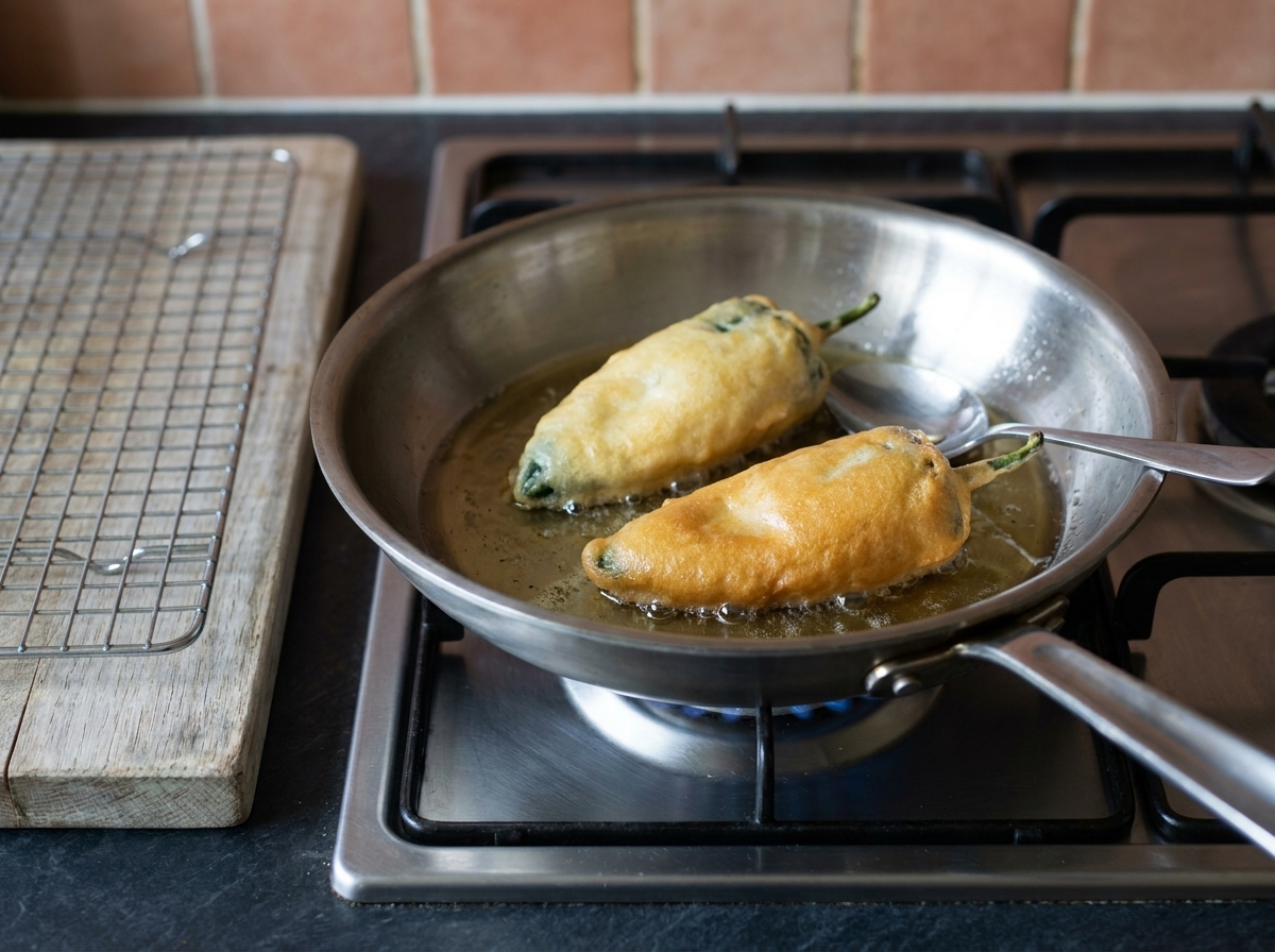 Two battered chiles frying in shallow oil, the coating puffed and pale gold
