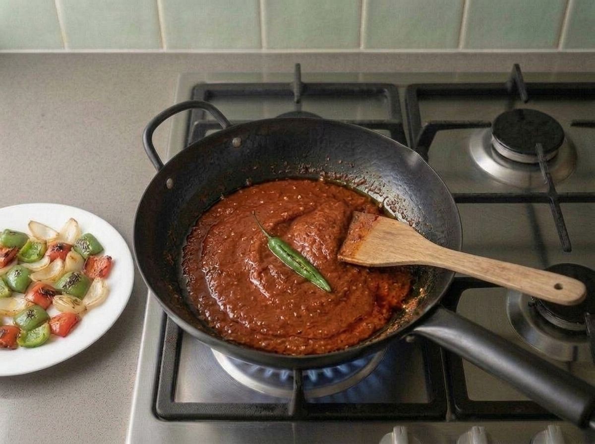 Tomato masala cooked down to a thick deep red paste with oil at the edges