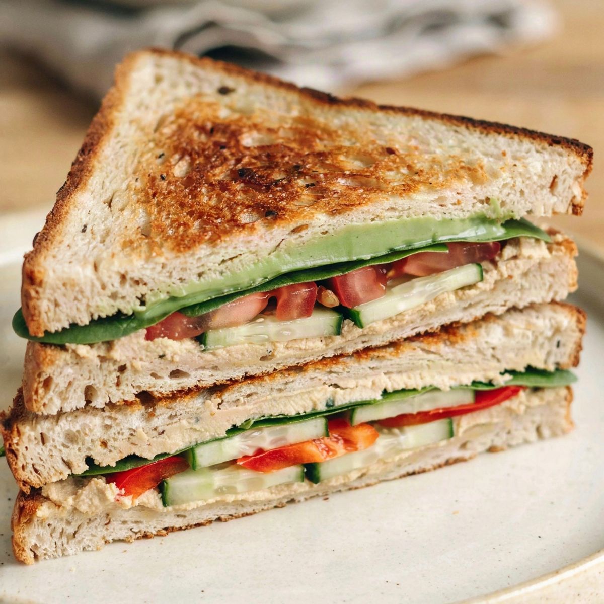 A vegetarian sandwich on toasted whole grain bread, cut in half and stacked, layered with mashed avocado, baby spinach, tomato, cucumber, red bell pepper and hummus.
