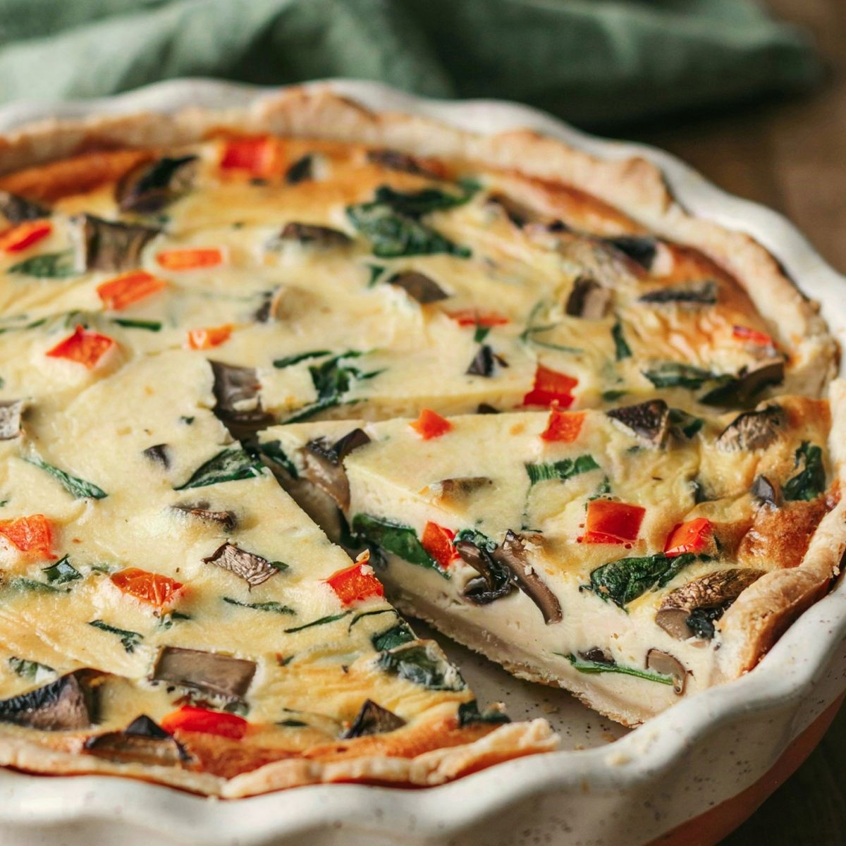 A vegan quiche in a speckled stoneware pie dish with one wedge cut and eased out, the pale yellow tofu filling set dense with browned mushrooms, diced red pepper and dark green spinach.