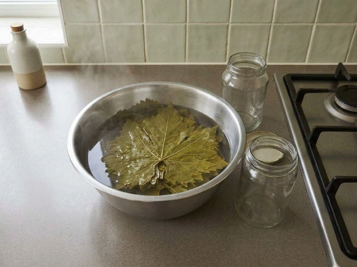 Jarred grape leaves unrolled and soaking in a bowl of just-boiled water to remove the brine