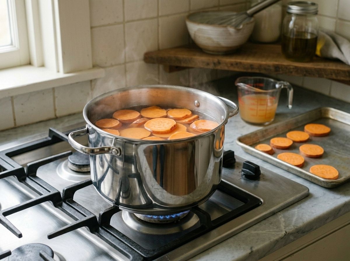 Sweet potato rounds simmering in a stockpot, still holding their shape