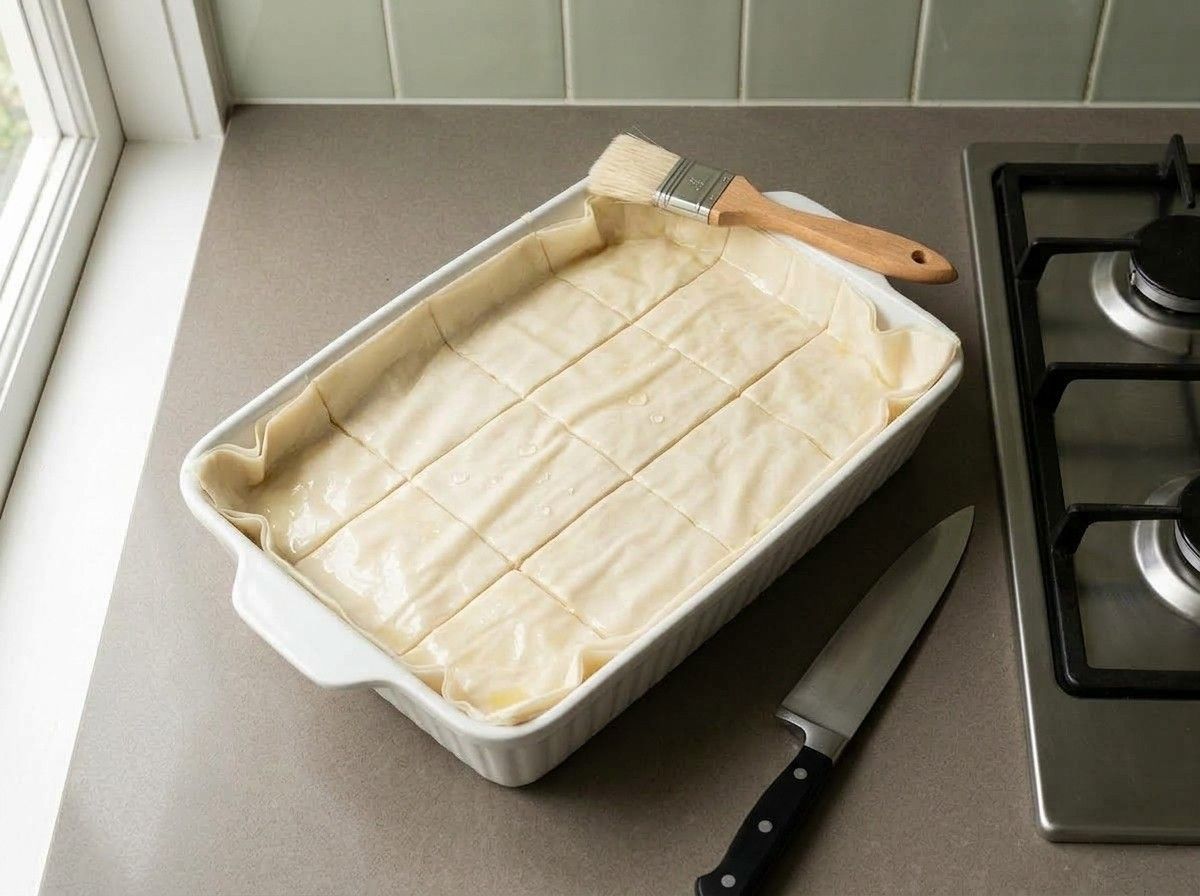 The top phyllo scored into twelve squares before baking, a knife beside the dish
