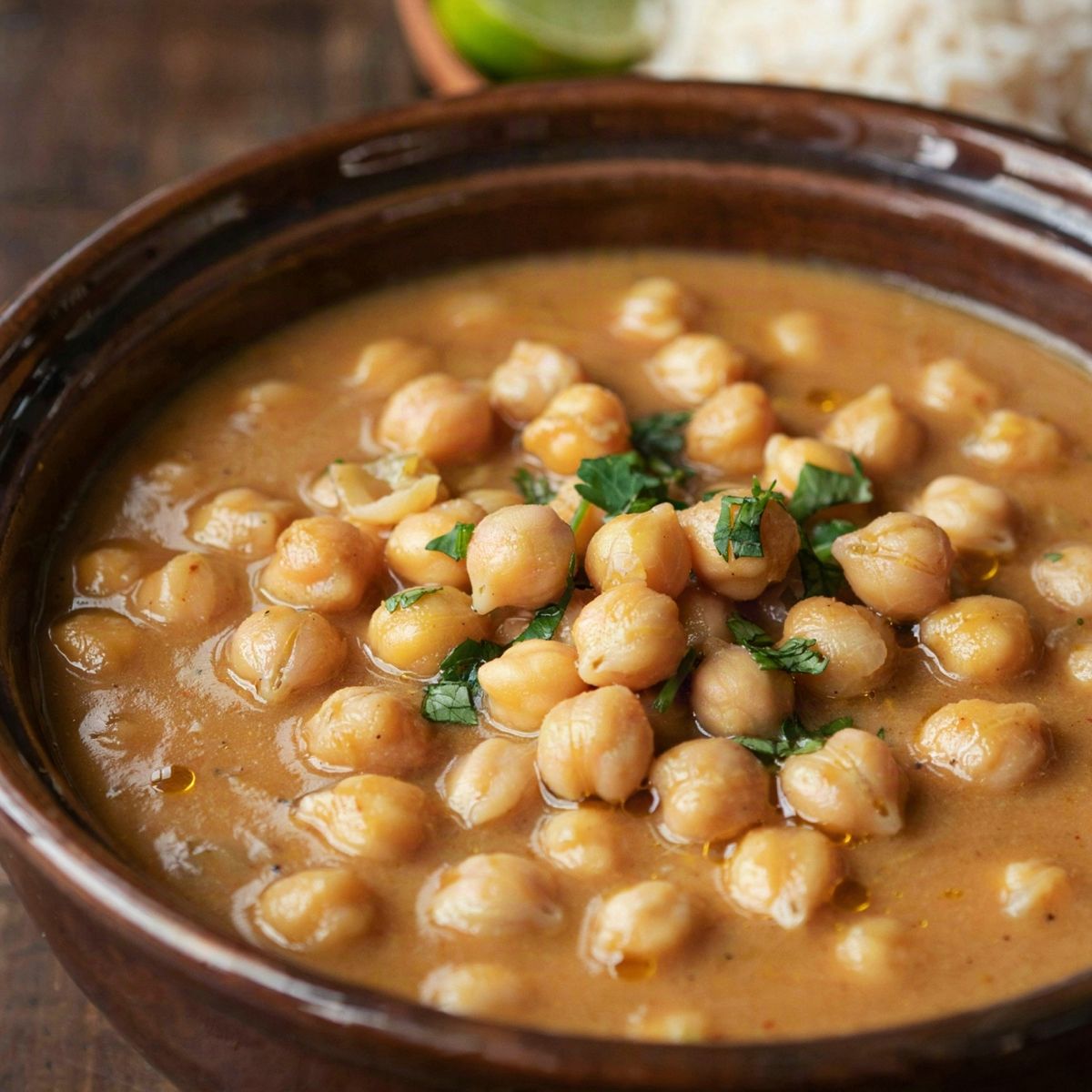 Vegan coconut chickpea curry in a dark stoneware bowl, whole chickpeas in a smooth, creamy orange sauce with chopped cilantro, basmati rice, naan and lime behind