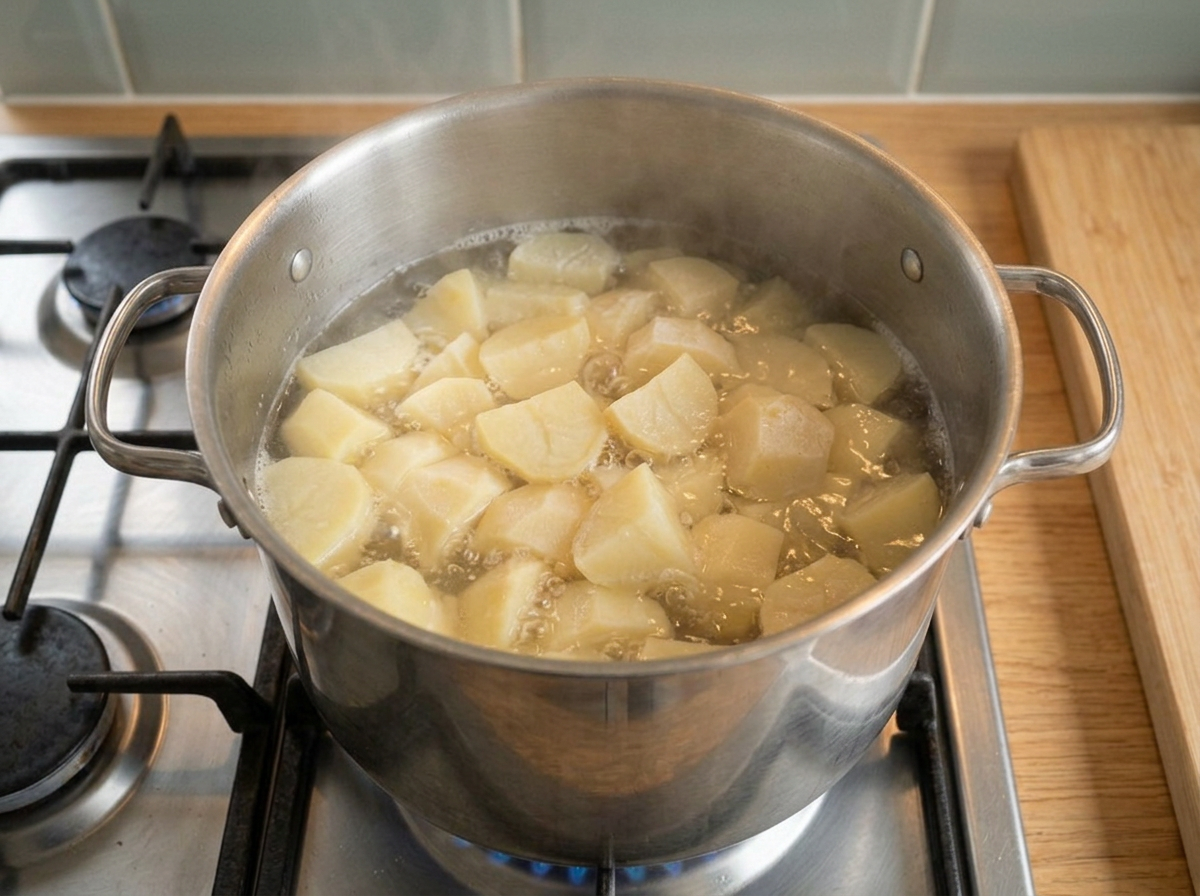 Potatoes at a steady simmer in a stainless steel pot on a gas burner.