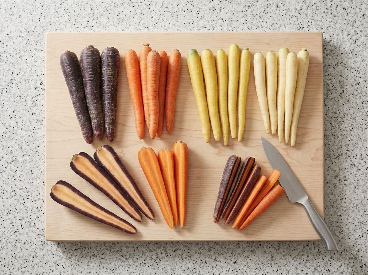 Rainbow carrots sorted by thickness on a board, the fat ones halved to show violet skin around orange cores