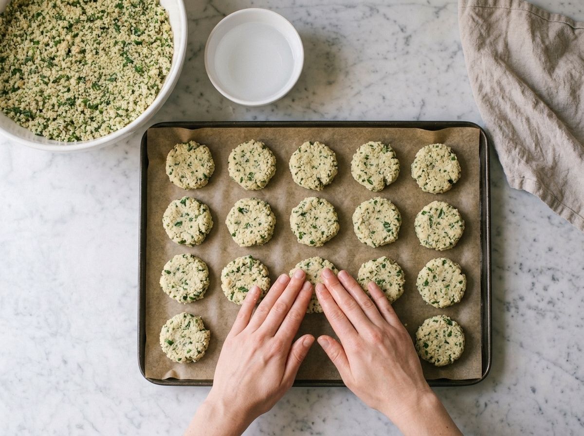 Hands pressing the chilled mixture into thick discs on a lined tray, about twenty already shaped