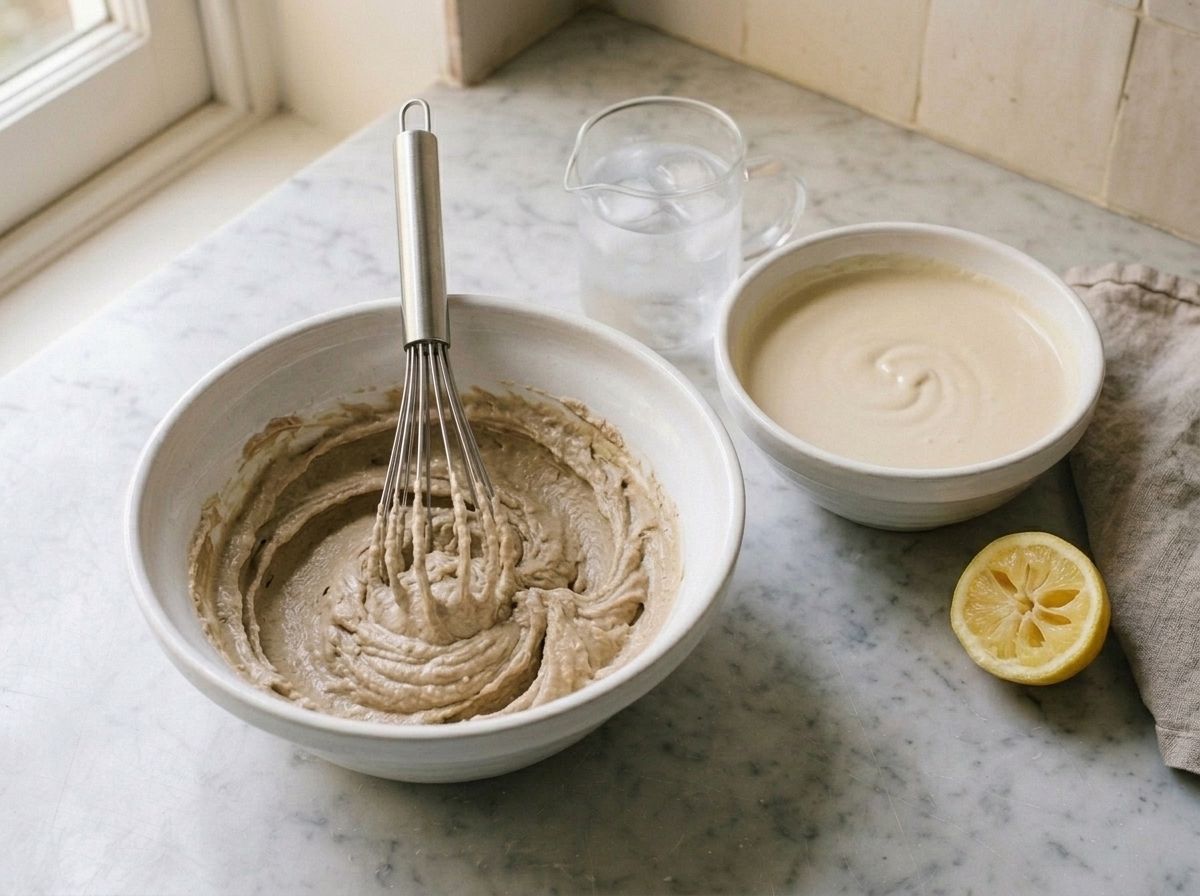 Tahini seized stiff around a whisk, beside a bowl of the same sauce whisked smooth and pourable
