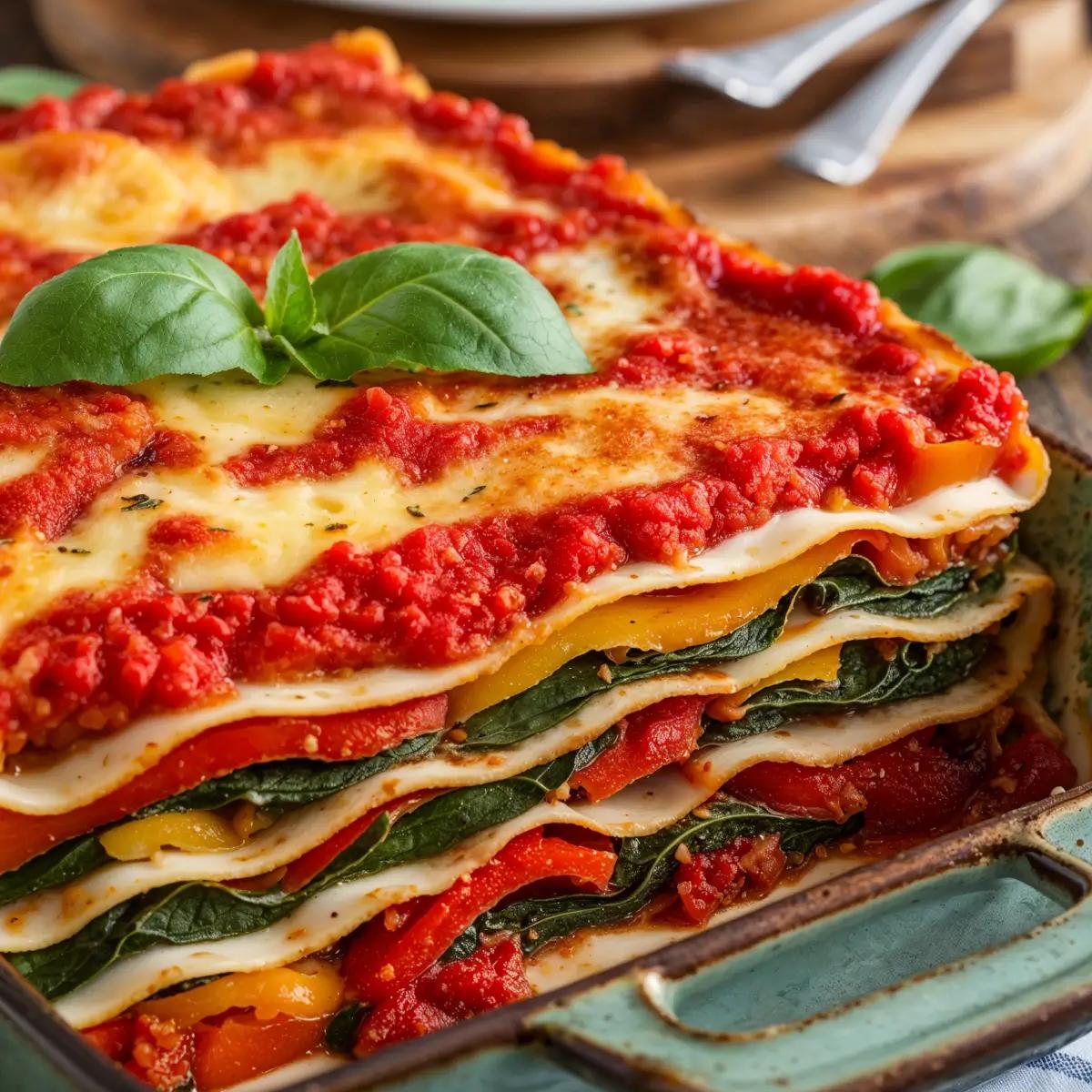 Colorful vegan lasagna with layers of noodles, zucchini, and marinara sauce.
