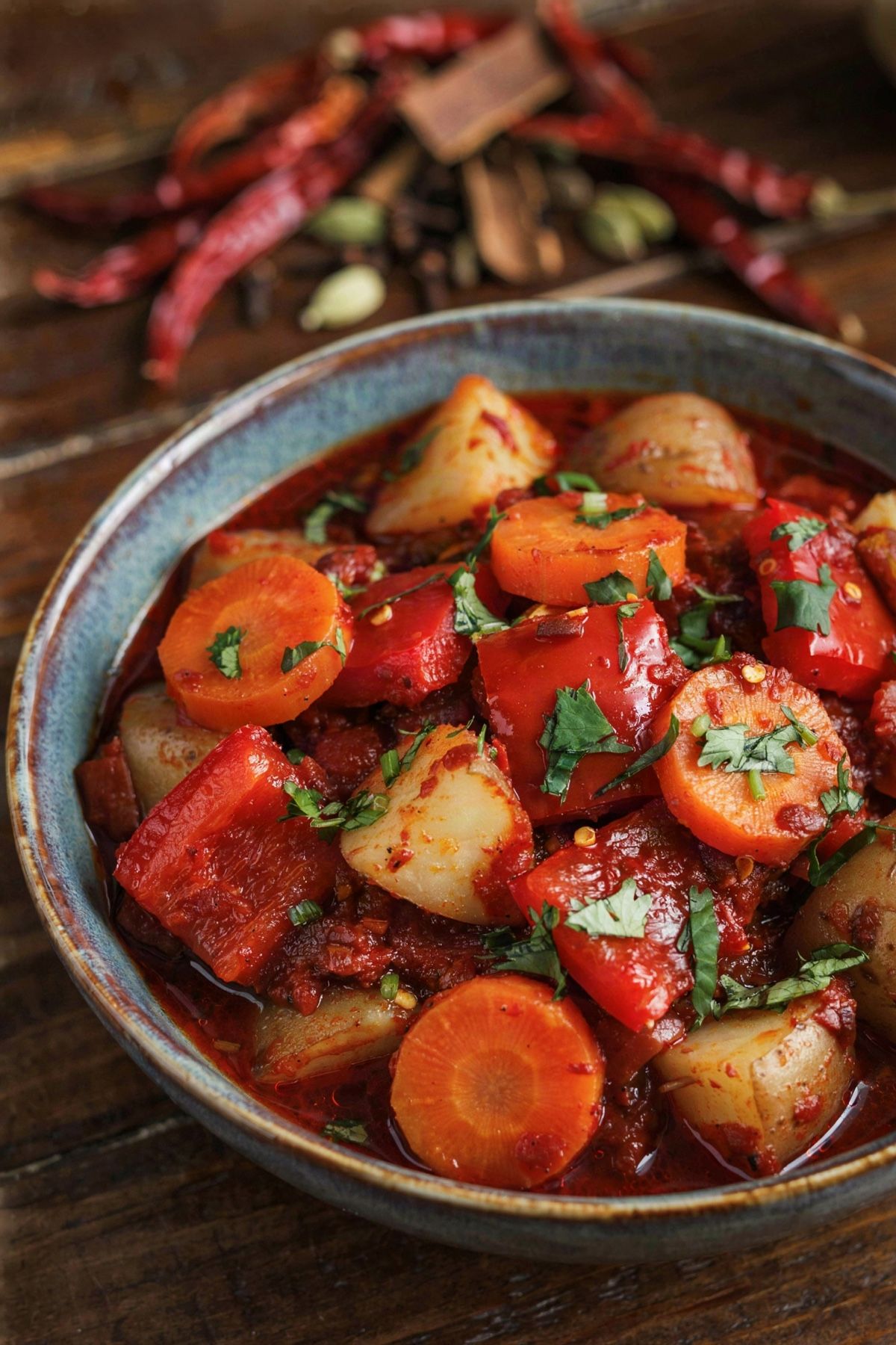 Vegetarian vindaloo in a blue-gray bowl, chunks of potato, carrot coins and red bell pepper coated in a thick deep red Goan curry sauce and scattered with cilantro