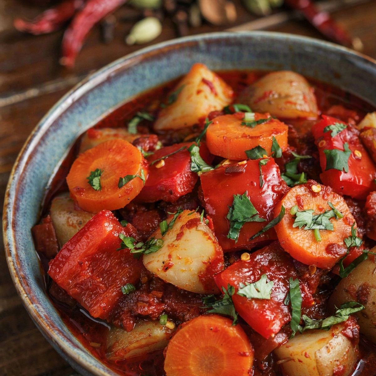Vegetarian vindaloo in a blue-gray bowl, chunks of potato, carrot coins and red bell pepper coated in a thick deep red Goan curry sauce and scattered with cilantro