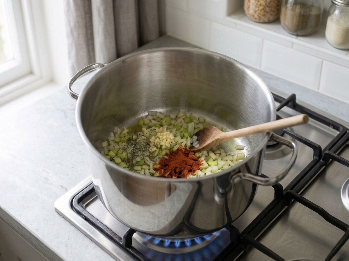 Minced garlic, dried thyme and a patch of red smoked paprika just tipped onto the softened onion and celery