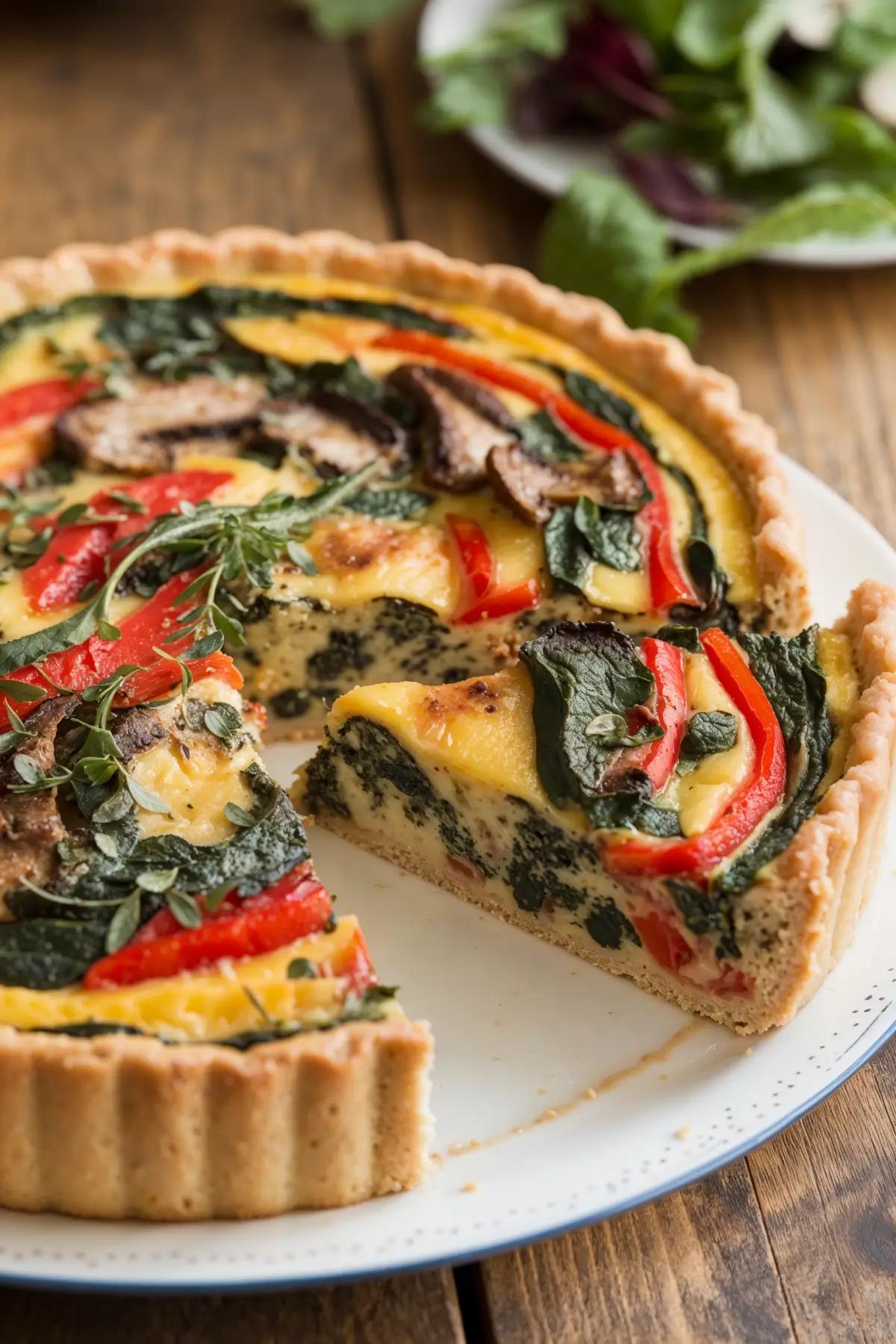 Golden vegan quiche with colorful veggies and a silken tofu base.