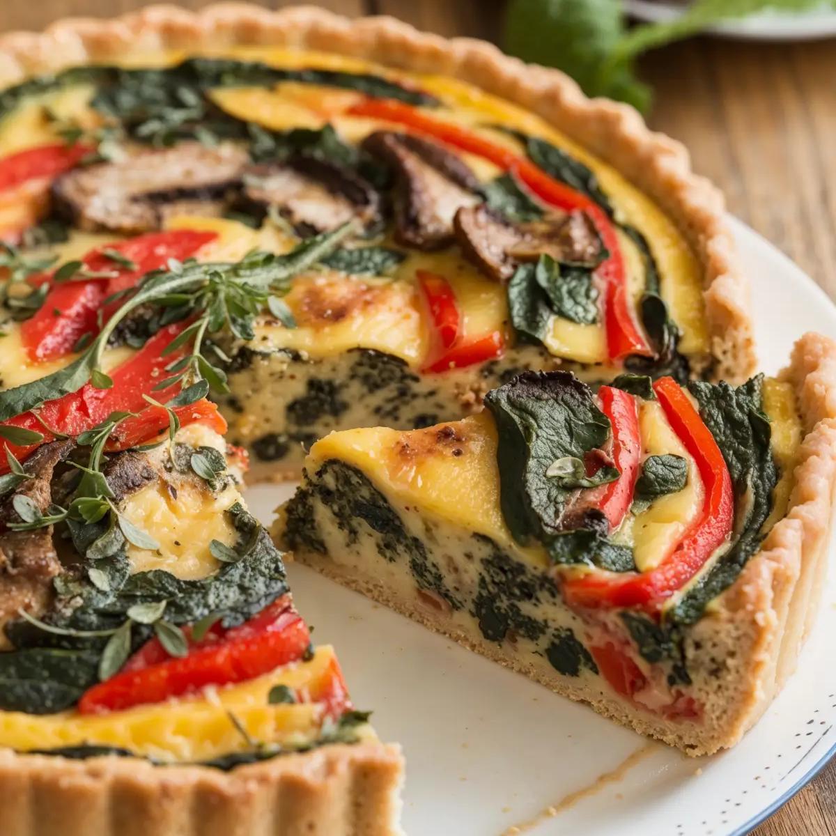 Golden vegan quiche with colorful veggies and a silken tofu base.