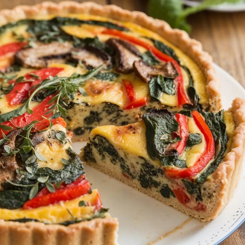 Golden vegan quiche with colorful veggies and a silken tofu base.