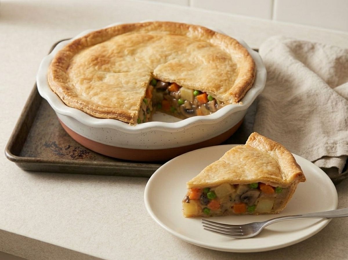 A wedge of pot pie lifted onto a plate, the cut face clean and the filling holding its shape