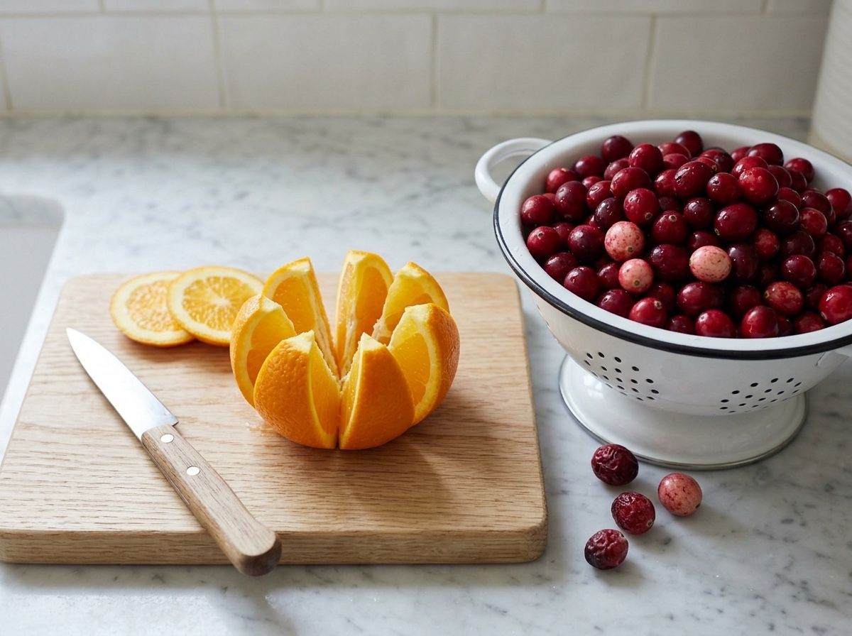 An orange cut into eight wedges with the peel left on, beside a colander of rinsed cranberries and a few shrivelled berries picked out