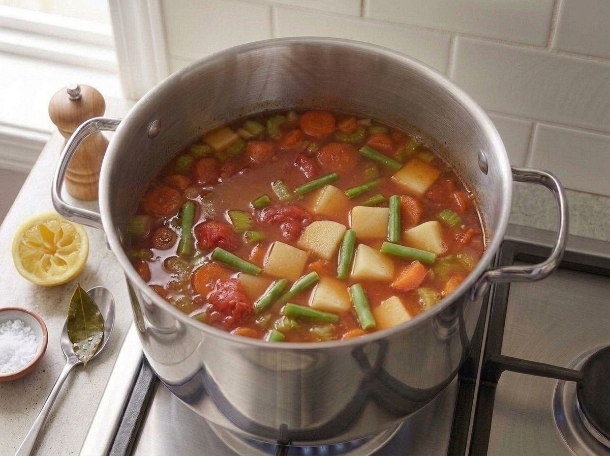 The bay leaf lifted out onto a spoon, with a squeezed lemon half, flaky salt and a pepper mill beside the finished pot
