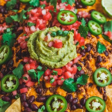 Vegan nachos topped with spicy cashew cheese, black beans, and jalapeños.
