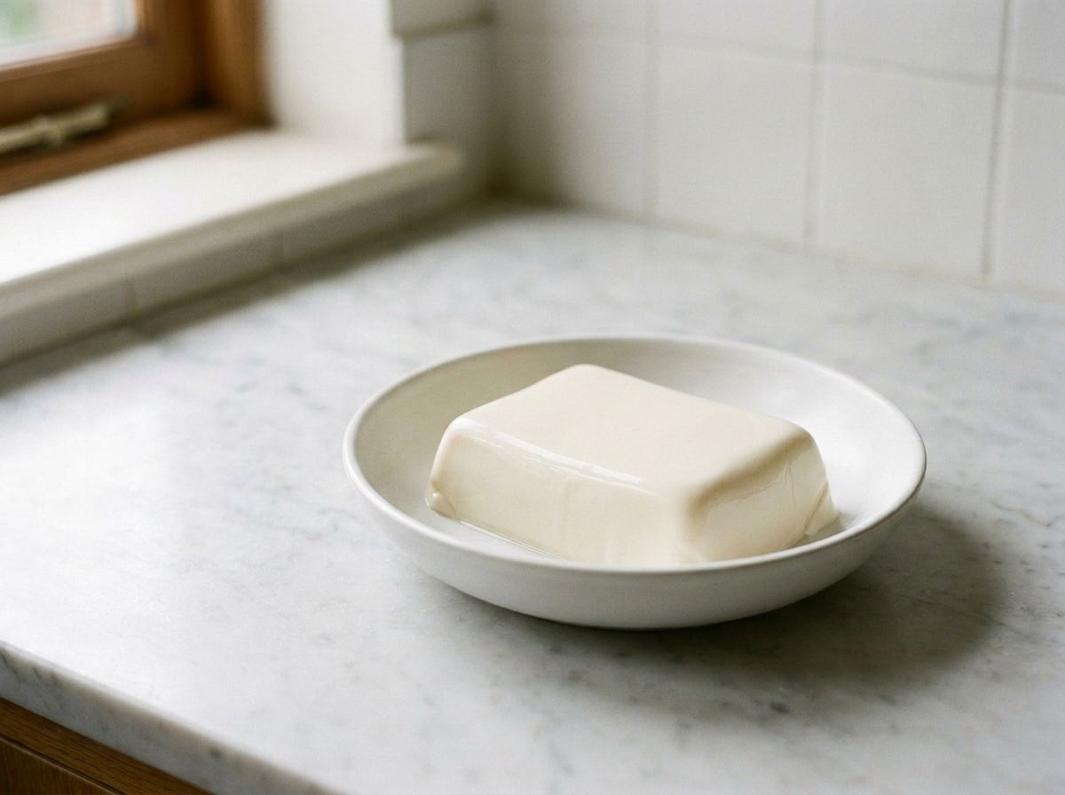 A whole block of silken tofu resting in a white bowl to come to room temperature