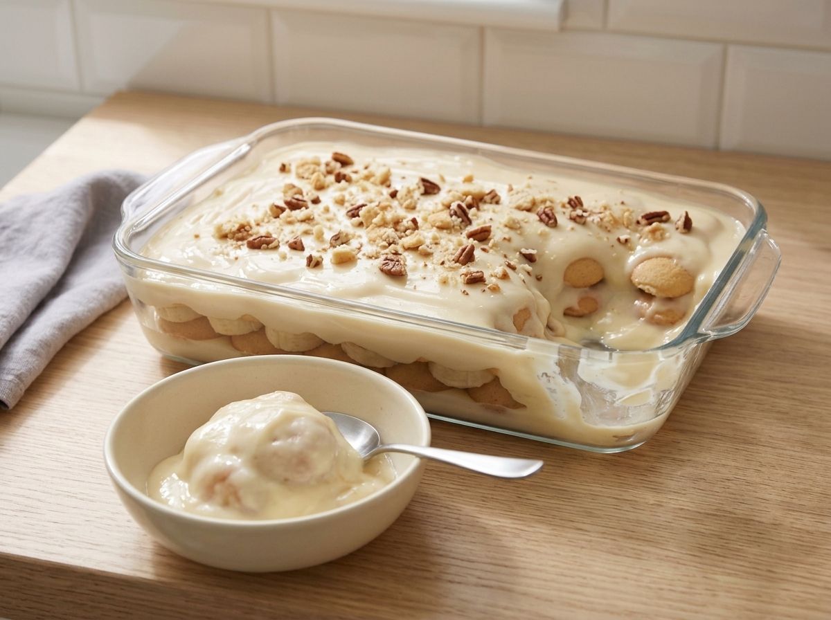 The chilled pudding topped with crushed wafers and pecans, one soft spoonful served