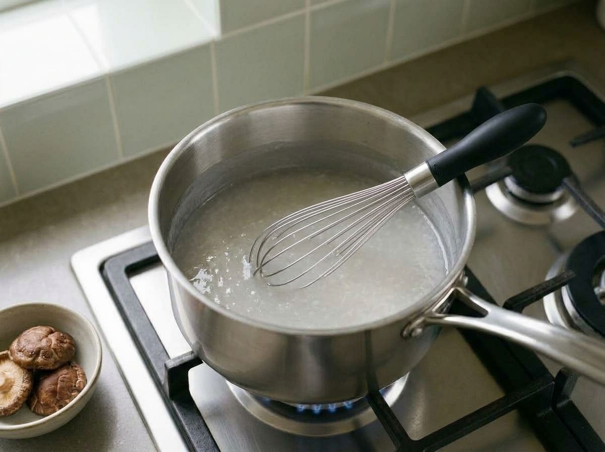 Sweet rice flour porridge thickened to a translucent glue in the saucepan, with a whisk