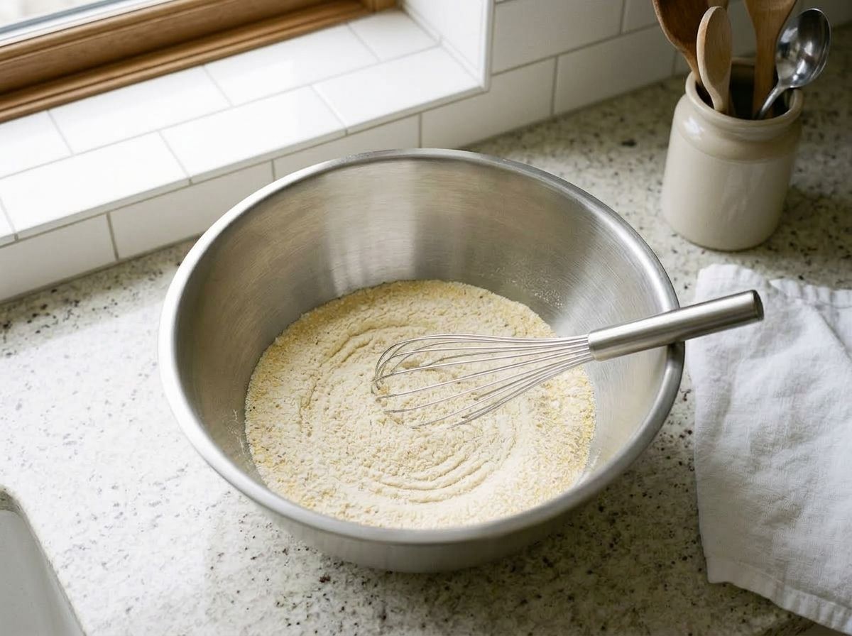 Flour, cornmeal, sugar, baking powder and salt whisked to an even pale yellow dry mix in a steel bowl.