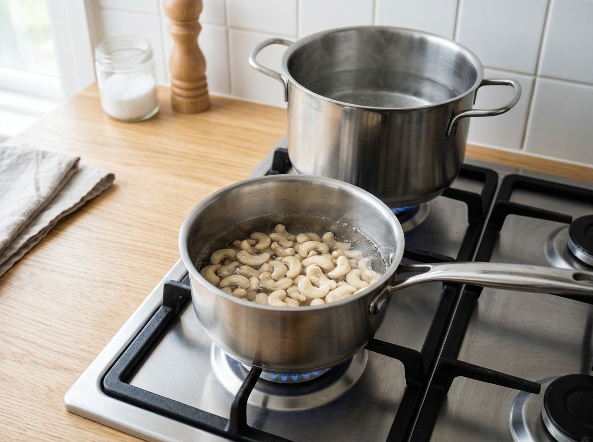 Raw cashews simmering in a small saucepan of water, with a stockpot of water heating behind for the pasta
