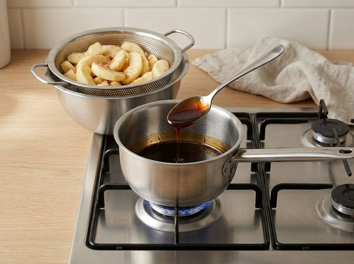 The drained apple juice simmering down to a thick amber syrup that coats the spoon, the apples draining in a colander behind