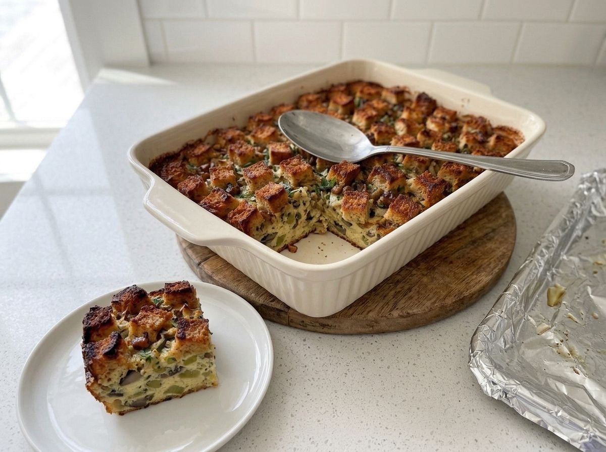 The finished stuffing resting, with one portion lifted out onto a plate.