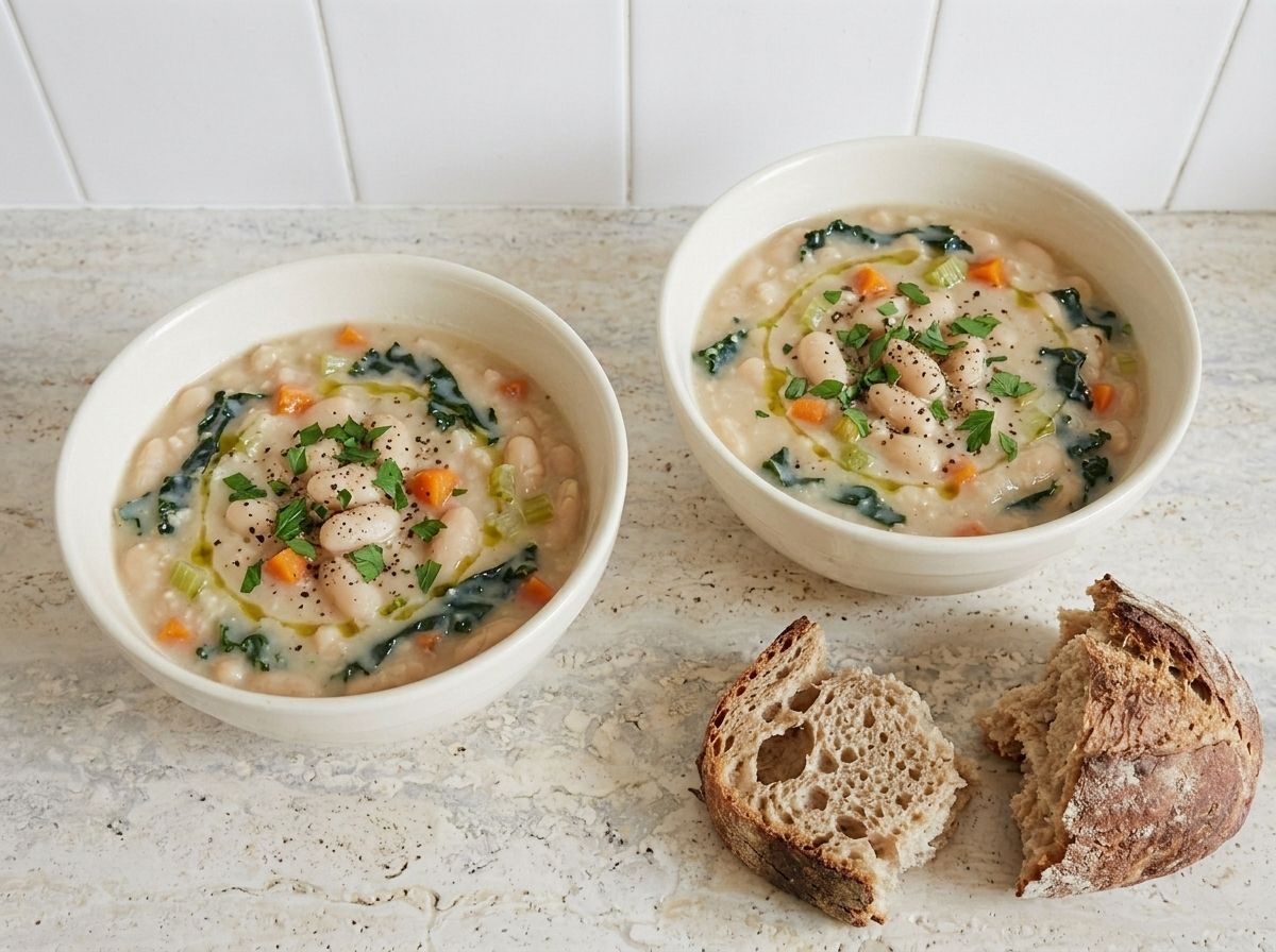 Two bowls of the finished white bean soup drizzled with olive oil and scattered with parsley and black pepper, torn crusty bread beside them.