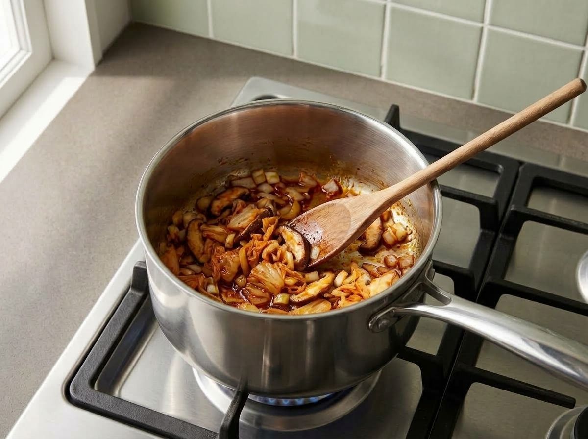 Chopped kimchi and sliced shiitake frying in red chili oil in a saucepan