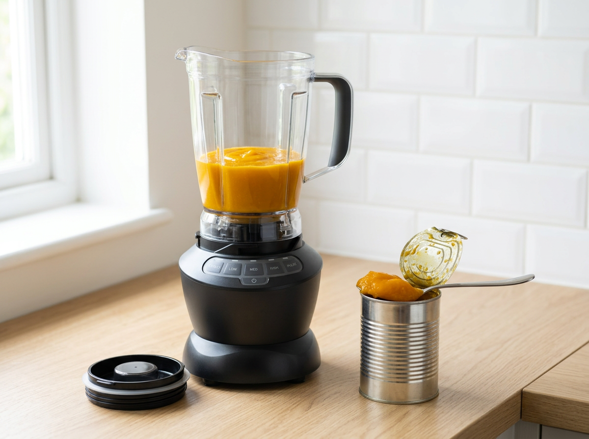 Mango pulp spooned from the tin into the blender jug