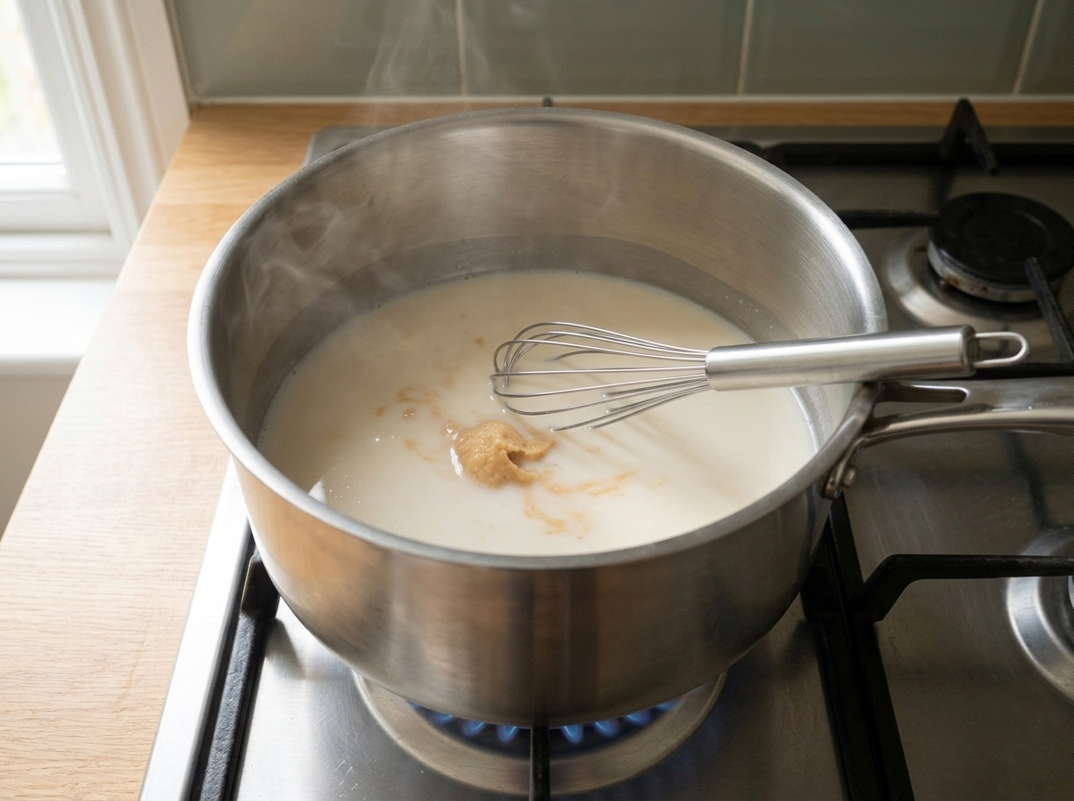 White miso whisked into oat milk warming in a small saucepan.