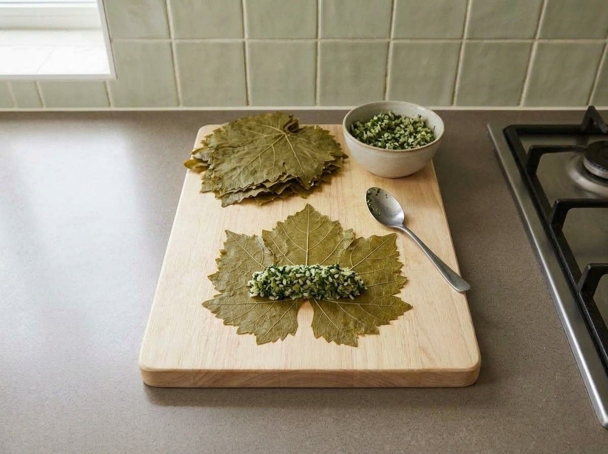 A grape leaf laid vein side up with a heaped teaspoon of filling shaped into a log near the stem end