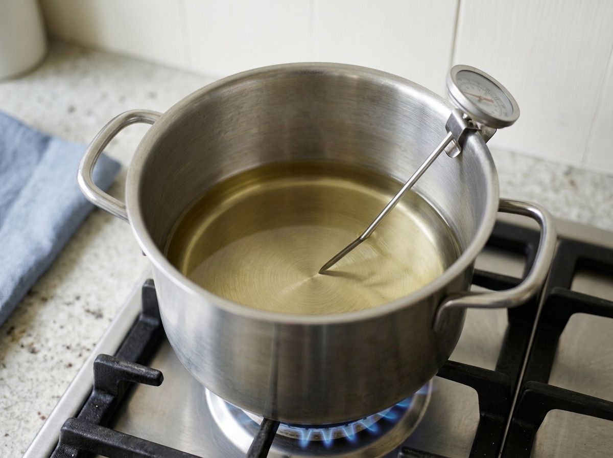 Frying oil heating in a deep stainless steel pot with a clip-on thermometer on the rim.