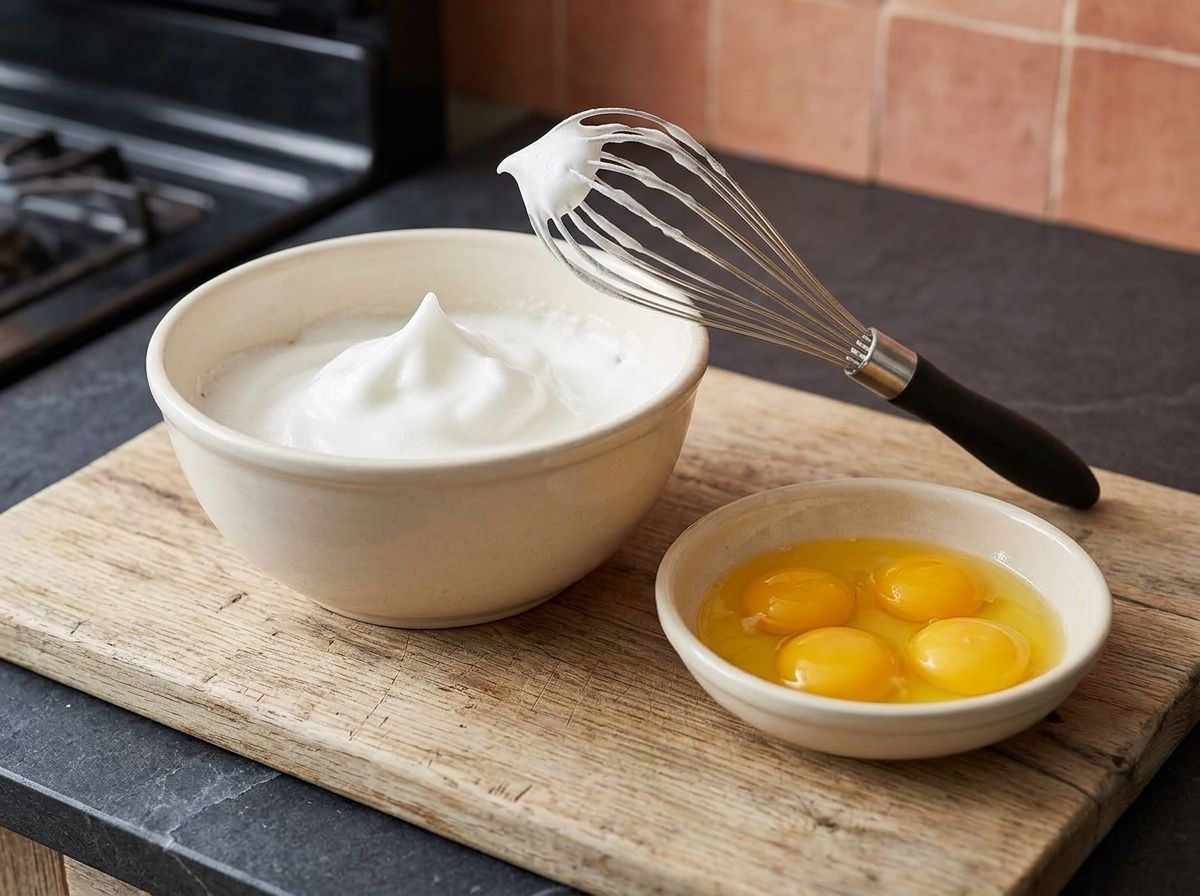 Egg whites whipped to stiff glossy peaks, with the separated yolks waiting alongside