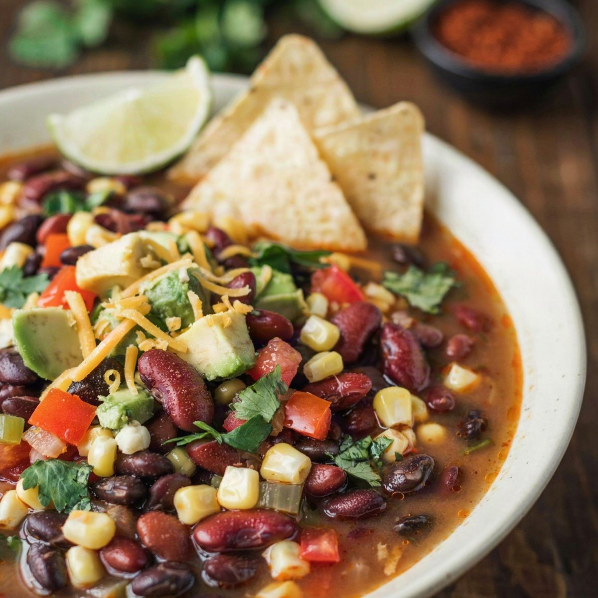 A bowl of meatless taco soup in a brick red broth with black beans, kidney beans, corn, tomato and pepper, topped with avocado, cilantro, grated cheddar and tortilla chips, with a lime wedge on the rim.