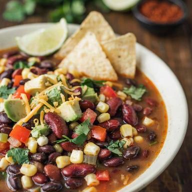 A bowl of meatless taco soup in a brick red broth with black beans, kidney beans, corn, tomato and pepper, topped with avocado, cilantro, grated cheddar and tortilla chips, with a lime wedge on the rim.