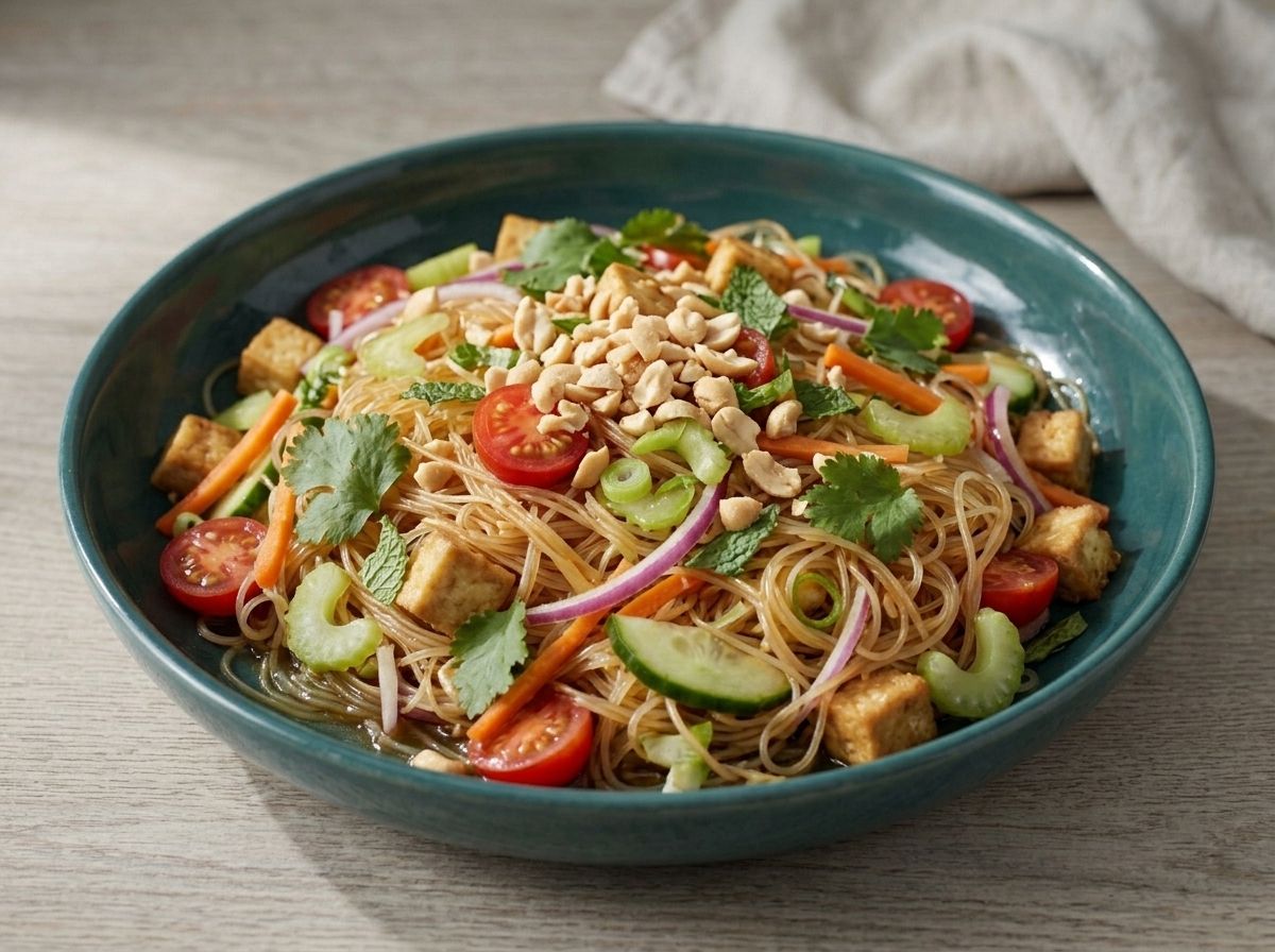 The finished Thai noodle salad in a teal bowl with tofu, tomatoes, cucumber, carrot and herbs, topped with crushed peanuts