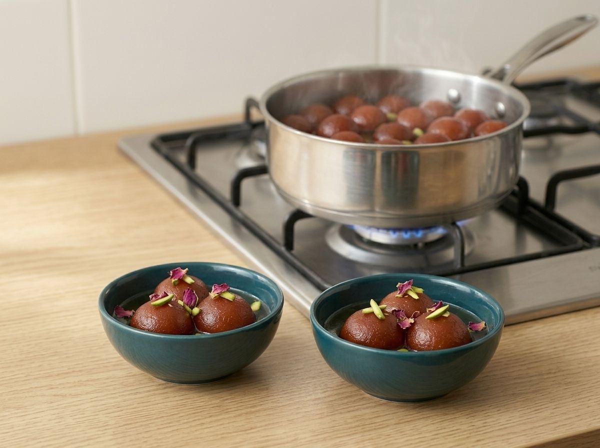 Warmed gulab jamun served three to a teal bowl with syrup, slivered pistachios and dried rose petals