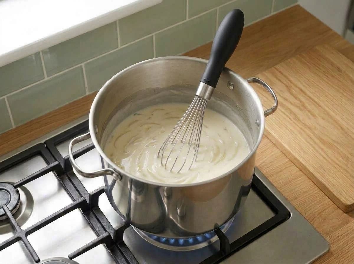 Soy milk whisked into the roux until it becomes a smooth glossy ivory sauce.