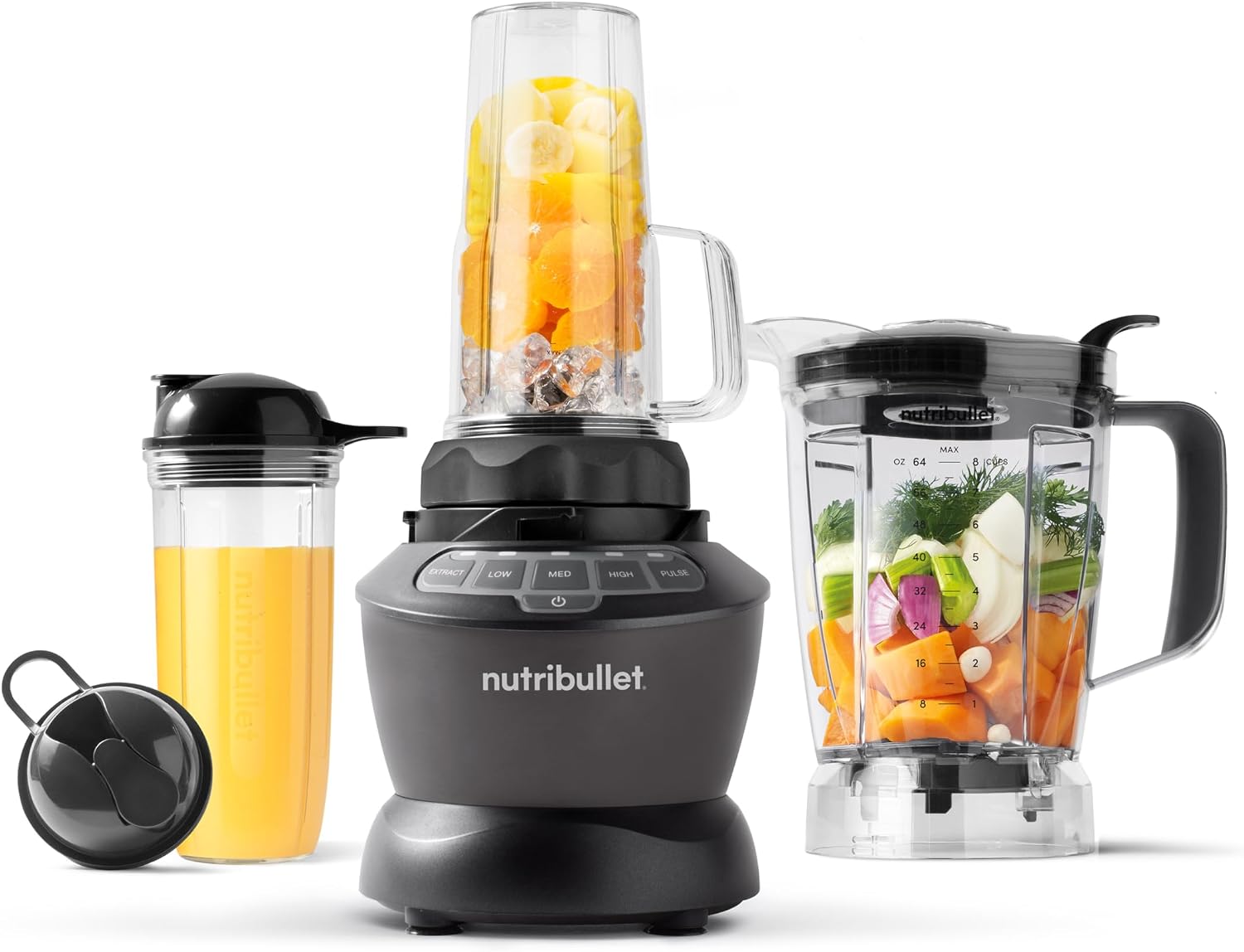 NutriBullet blender base with a large pitcher of vegetables, a blending cup of fruit and a to-go cup