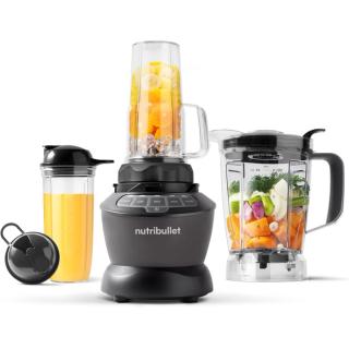 NutriBullet blender base with a large pitcher of vegetables, a blending cup of fruit and a to-go cup