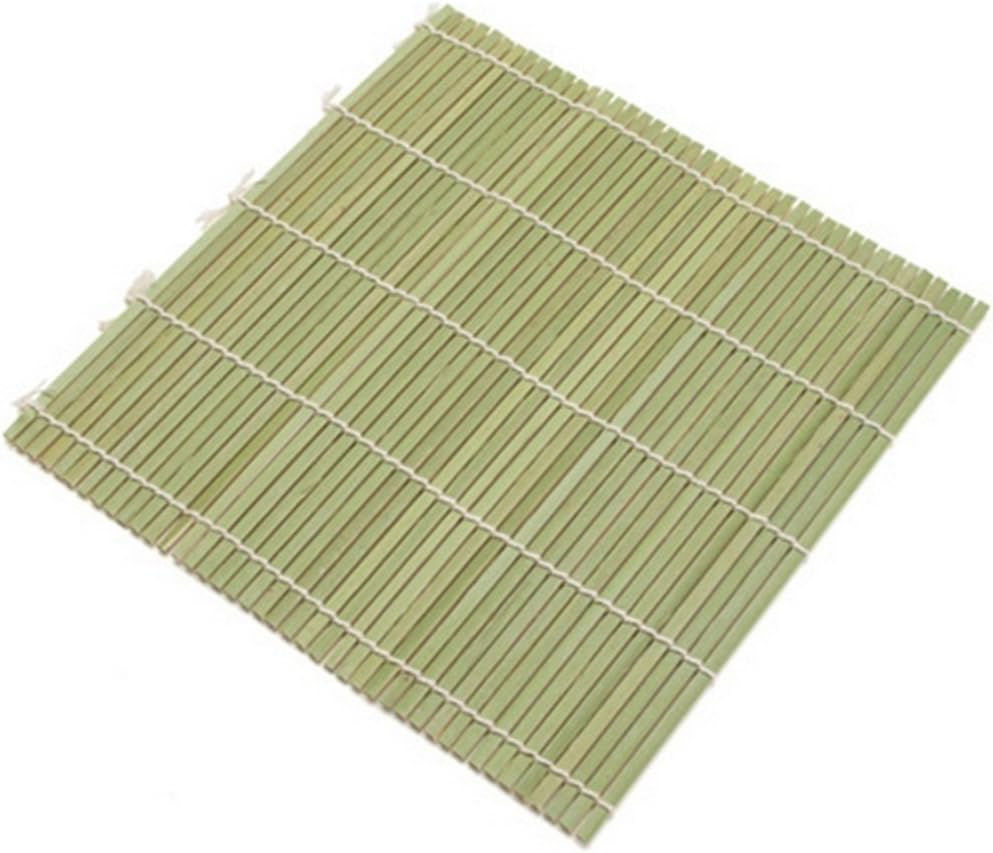 Square bamboo rolling mat of thin pale slats tied with white cotton string, lying flat