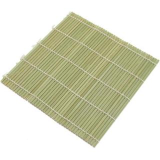 Square bamboo rolling mat of thin pale slats tied with white cotton string, lying flat